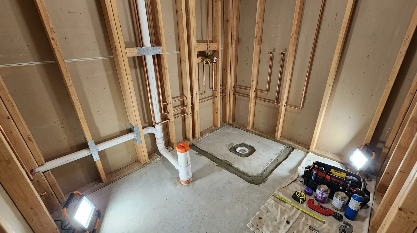 Bathroom rough-in plumbing during remodel by Johns Plumbing LLC in Hidden Valley Lake