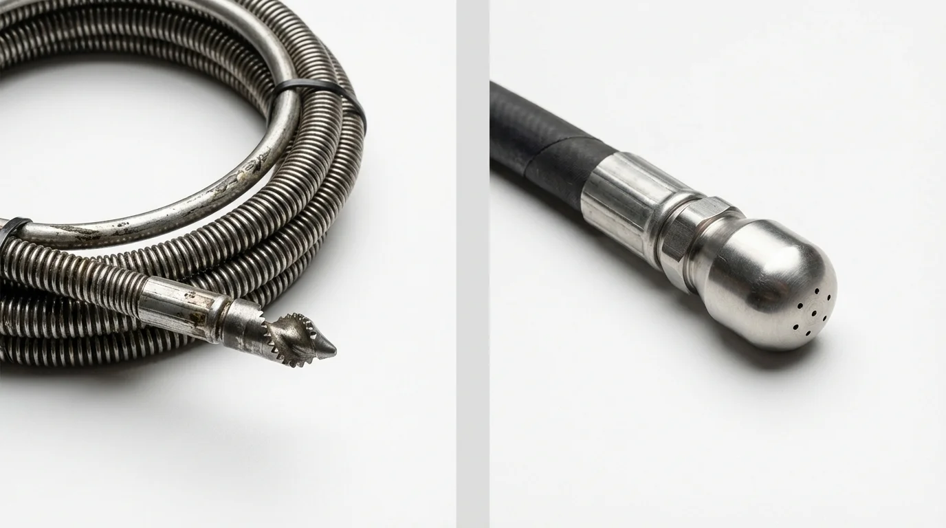 Drain snake cable and hydro jetting nozzle used for drain cleaning in Hidden Valley Lake, CA
