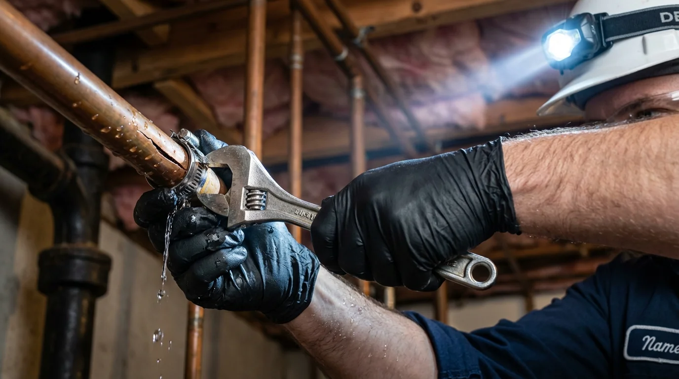 Emergency pipe clamp repair being performed by a Johns Plumbing LLC plumber in Hidden Valley Lake
