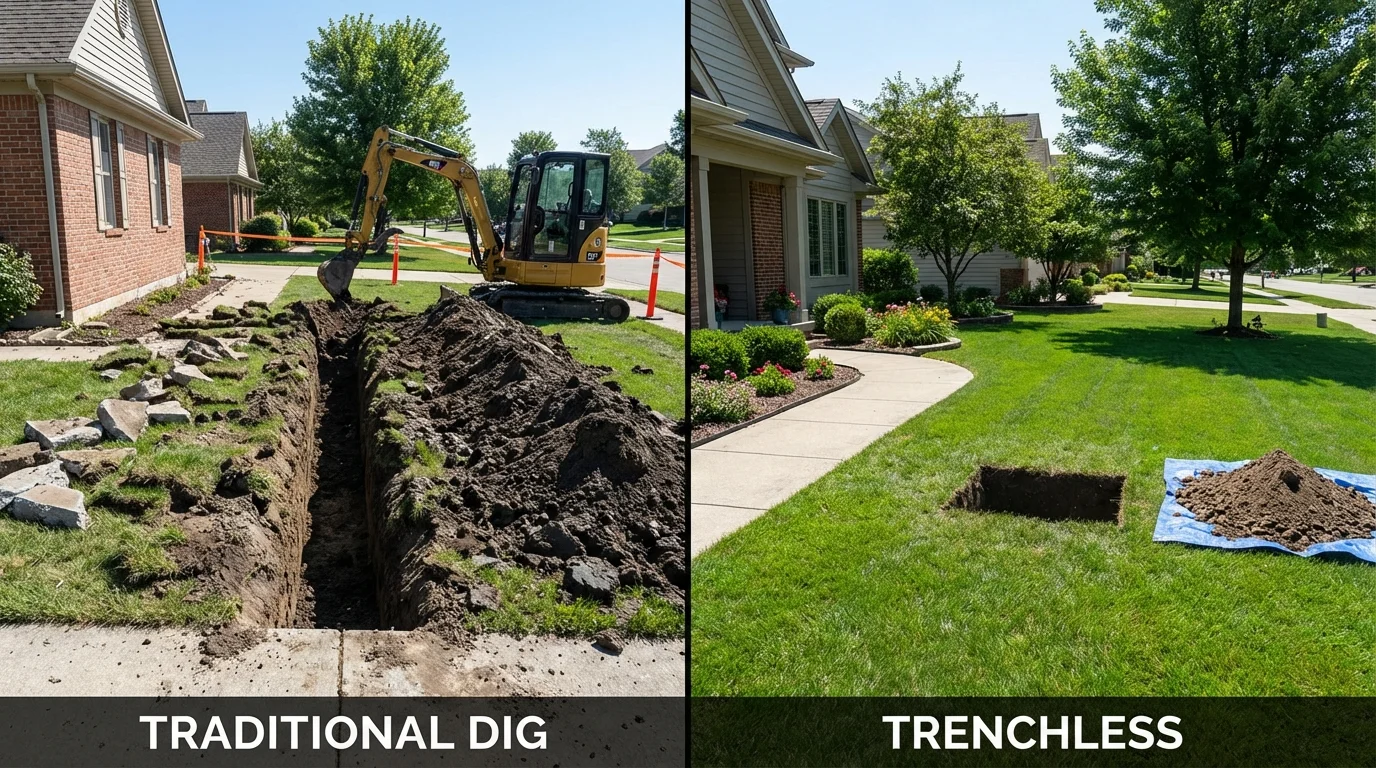 Trenchless sewer repair with minimal yard damage versus traditional excavation in Hidden Valley Lake, CA
