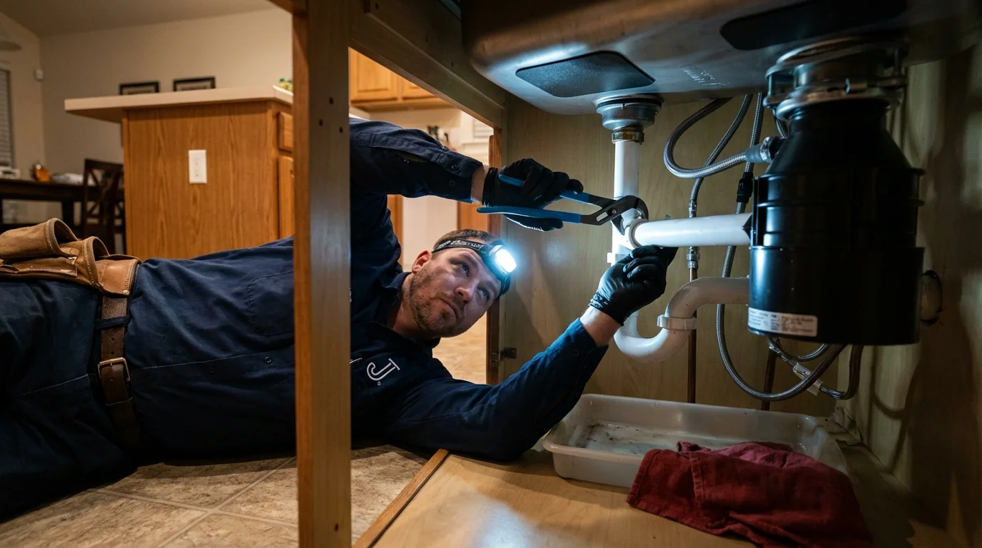 P-trap and supply line connections under a kitchen sink showing a common leak point in Hidden Valley Lake, CA